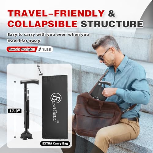 BeneCane Walking Cane for Men & Women Walking Stick for Seniors Folding Canes Quad Cane Adjustable Lightweight Sturdy Collapsible Heavy Duty with Soft TPR T-Handle and Travel Bag - color: Black