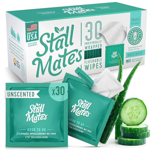 Stall Mates Flushable Wipes, Individually Wrapped, Unscented, 30 Count | With Cucumber, Vitamin-E & Aloe, Individually Wrapped, Travel Friendly, for both Men and Women, bathroom wipes - size: 30 Count (Pack of 1)