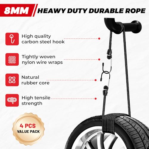 4Pcs Bungee Cords with Hooks, Heavy Duty Outdoor Elastic Bungee Straps (80Inch Long), 1/3Inch Thick, No Odour, Max Load 40kg for Camping, Luggage, Tents, Bikes - size: 80 in, style: Heavy Duty 8MM
