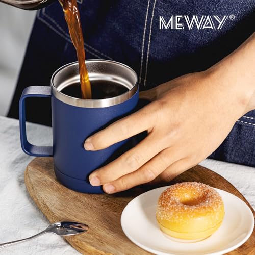 MEWAY 12oz Coffee Mug With Handle and Sliding Lid,Stainless Steel Travel Tumbler Cup with Handle,Double Wall Vacuum Insulated Camping Cup for Hot & Cold Drinks Tea (Navy,Set of 1 - color: Navy