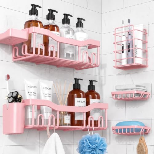 NESOMI Shower Caddy Adhesive Shower Organizer 7-Pack, Rustproof Stainless Steel Bathroom Shelves, Large Capacity No-Drill Rack Storage Accessories with Soap Dish Toothbrush Holder Hooks - color: Pink, size: 7-Piece Set
