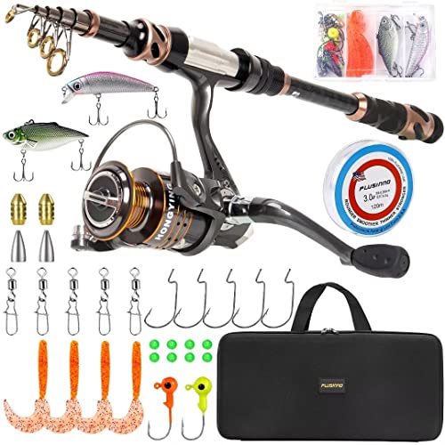 PLUSINNO Fishing Rod and Reel Combos - Carbon Fiber Telescopic Fishing Pole - Spinning Reel 12 +1 Shielded Bearings Stainless Steel BB - color: Full Kit with Carrier Case, size: 2.7M 8.86FT