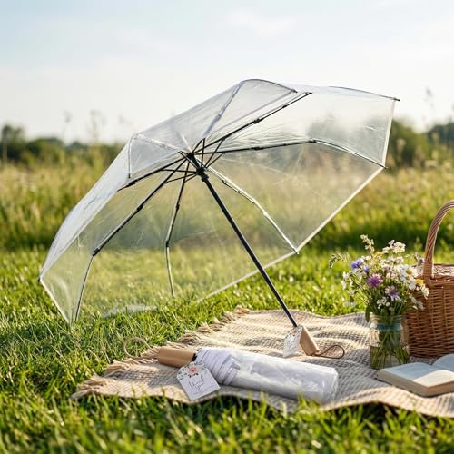 Clear Wedding Umbrella Bulk Transparent Portable Folding Travel Umbrella | Reinforced design with 8 ribs,lightweight design,ample space,practicality and decorative appeal,outdoor group activities