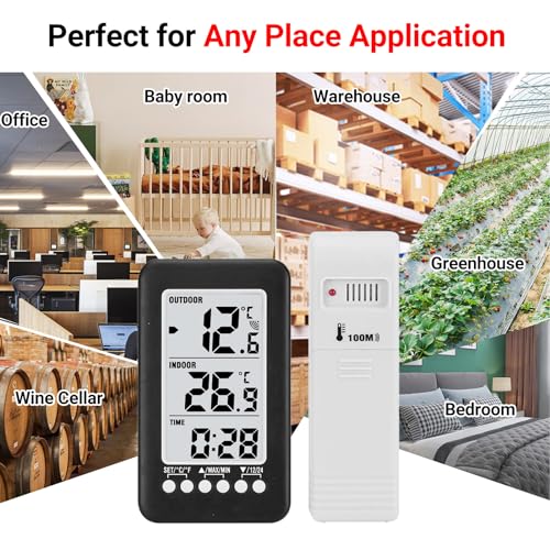 Indoor/Outdoor Thermometer Wireless Thermometer for House LCD ℃/℉ Digital Clock Temperature Meter with Transmitter Easy to Read Numbers