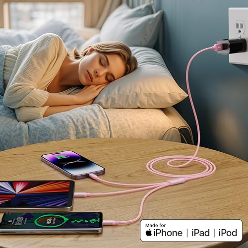 Multi Charging Cable 4ft 3Pack 3 in 1 Charger Cord, Multiple Rapid Cable | Nylon Braided Cable USB Charging Cable Multi Phone Charger Cord with Type C Micro Lightning for Apple iPhone17-5 Cell Phones - color: Pink-4ft