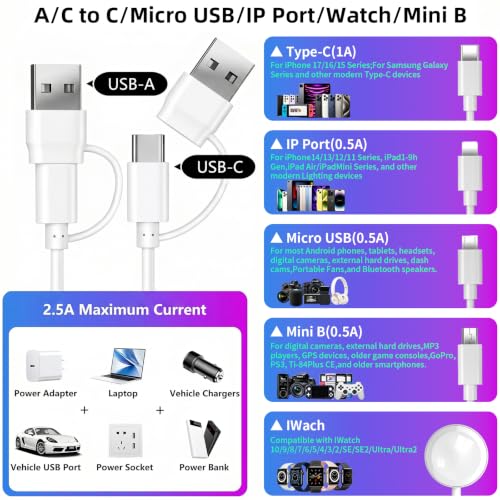 YIFYSUN 5-in-2 Multi Charging Cable for Apple Watch Charger : USB A/C Input, Type C/IP/Micro USB/Mini B Cable Cord for iWatch Ultra/SE/10-1/iPhone 17-11/Galaxy S25-S20/Garmin GPS-White, 4FT - color: White