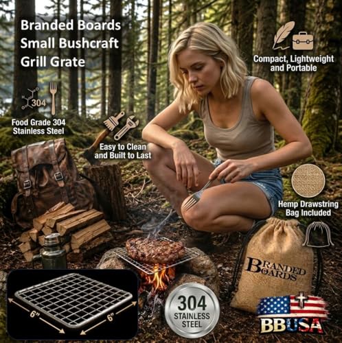 Portable Bushcraft Stainless BBQ Small Cooking Grill Grate & Burlap Hemp Drawstring Bag, Camping, Campfires Backpacking, Hunting & Fishing. (Small Grill & Bag ONLY) - size: Small Grill & Bag