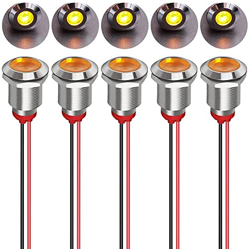Gebildet 5pcs 12mm LED Metal Indicator Light AC/DC 12-24V Waterproof Signal Lamp Pilot Dash Directional with Wire(Yellow) - color: Yellow AC/DC 12-24V