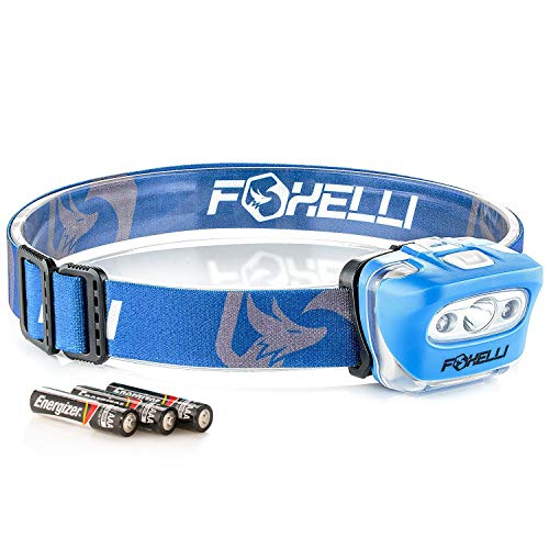 Foxelli LED Headlamp Flashlight for Adults & Kids, Running, Camping, Hiking Head Lamp with White & Red Light, Comfortable Headband, Lightweight & Waterproof, 3 AAA Batteries - color: Blue