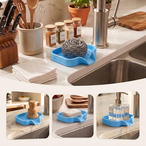 MicoYang Silicone Soap Dish with Drain Spout, Self-Draining Sink Organizer Tray for Bathroom & Kitchen, Sponges, Dispensers & Soap Holder, Non-Slip and Dishwasher Safe, Light Blue (Compact, 4.9"×3.2") - color: Light Blue, size: S(4.9"×3.2")