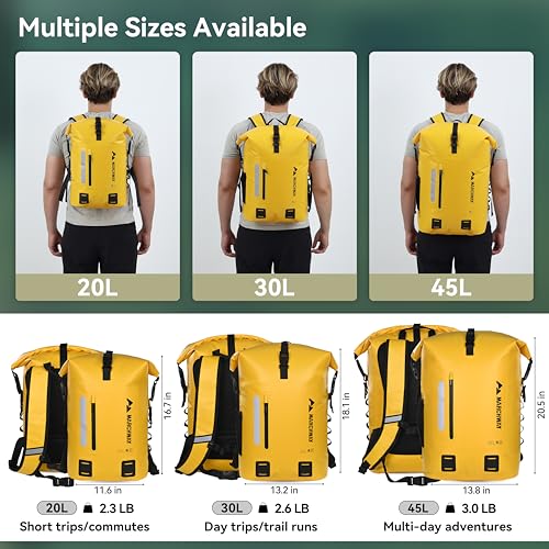 MARCHWAY Roll Top Waterproof Backpack, Floating Dry Bag 20L/30L/45L with Ergonomic Rectangular Base, Cushioned Back, Hip Strap for Hiking Camping Kayaking Travel (Yellow, 45L) - color: Yellow, size: 45L