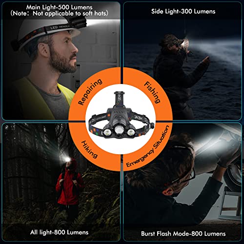 LED Headlamp Rechargeable, 6000 Lumens Super Bright Head Lamp, USB Rechargeable Headlight Flashlight with 3 LED Lights, 4 Modes, Zoomable, 90° Adjustable, Hiking, Hunting, Running, Fishing - color: Black