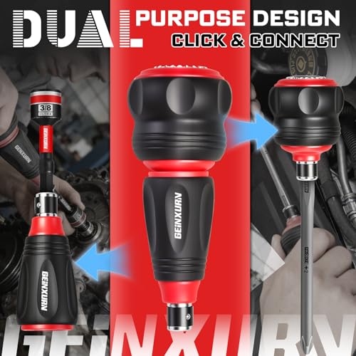 Geinxurn 35Pieces Impact Magnetic Screwdriver Set Include Stubby 2in1 Rachet Screwdriver Handle, Dual End Ratchet Socket Wrench, Bit Holder and Nut Driver for Repair & Outdoor Work - style: 35pcs