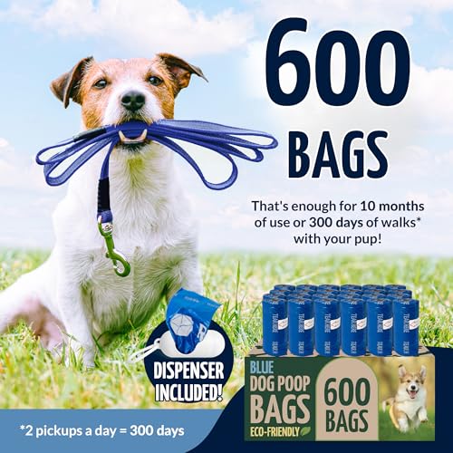 Reli. Biodegradable Dog Poop Bags Rolls (600 Pack, 40 Rolls) | Blue | Leash Clip Holder Included | 9"x13" Poop Bags for Dogs | Unscented, Leak Proof Oxobiodegradable Pet Waste Eco-Friendly