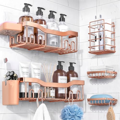 NESOMI Shower Caddy Adhesive Shower Organizer 7-Pack, Rustproof Stainless Steel Bathroom Shelves, Large Capacity No-Drill Rack Storage Accessories with Soap Dish Toothbrush Holder Hooks - color: Rose Gold, size: 7-Piece Set