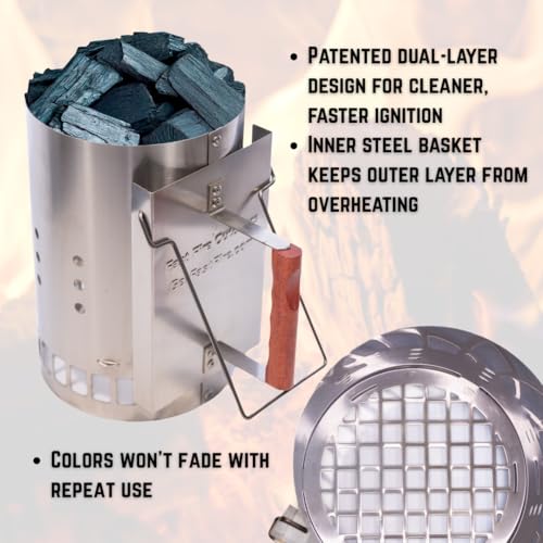 Fast Fire, High Grade Stainless Steel Charcoal Chimney Starter (Blue) - Rust Resistant BBQ Coal Lighter with Patented Insert, Cool-Touch Handle, 18 Fire Starters for Grills. Outdoor, Camping - color: Stainless Steel Blue