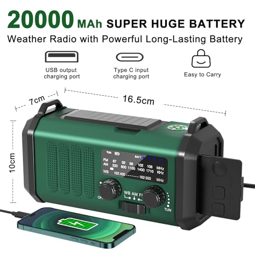 NOAA Weather Radio 20000mAh Emergency Hand Crank Solar Radio AM/FM - color: Army Green 20000mAh