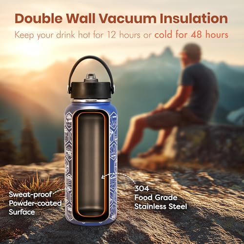 National Parks Blue Water Bottle with Durable Stickers – 32oz Insulated Stainless Steel Water Bottle with Spout Lid – Insulated for Cold and Hot Drinks – Metal Bottle for Gym, Hiking, Camping - color: Blue