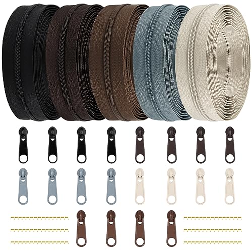 DOITEM 3 mm Nylon Endless Zipper Set with Slider - 14 Meter, 12.5 Yard, 5 Colors - color: 3# Black Brown Gray