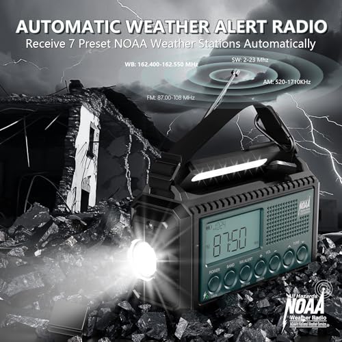 Emergency Crank Weather Radio with NOAA Auto Alerts and Shortwave, 5000mAh | Solar Charging, AM/FM/SW, Flashlight, Reading Lamp, SOS Alarm, Phone Charger, Time Clock and Large LCD Display - color: Blue