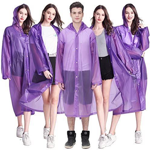 Rain Ponchos for Adults Reusable, 2-5 Pack Raincoat for Women Men, Waterproof Rain Coat Gear with Hood Drawstring - color: Purple X5
