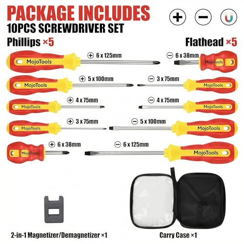 Magnetic Screwdriver Set, 10PCS Sizes Marked (Phillips & Slotted), Includes Magnetizer/Demagnetizer + EVA Zipper Pouch w/Straps, Hex Bolster for Extra Torque, CR-V Steel, Red/Yellow - color: Red-yellow