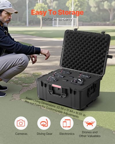 VEVOR Dry Box, Waterproof Hard Case with Pre-Cut Foam, 25 x 20 x 12.5inch | With Rolling Wheels & Retractable Pull Handles, Easy to Move & Carry, Padlock Holes, IP67 Waterproof, For Travel, Cameras - size: 63x50x32 cm