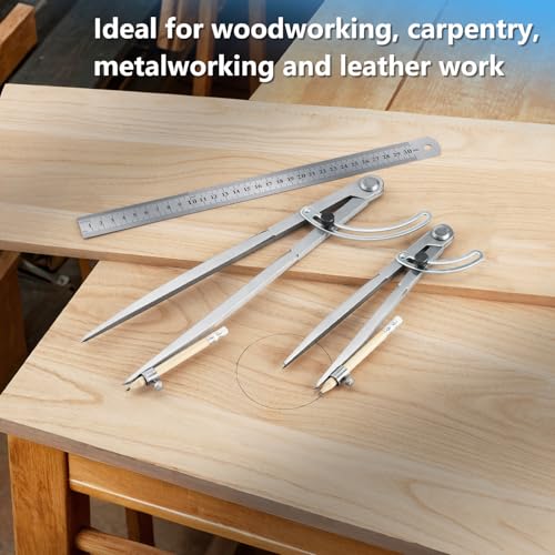 Woodworking Compass Geometry Set - Large Locking Pencil Compass for Drawing Circles, Professional 8 Inch Woodworking Compass with 2 Pencils and a 12inch Ruler, Perfect for Precision Geometry. - size: 8 Inch