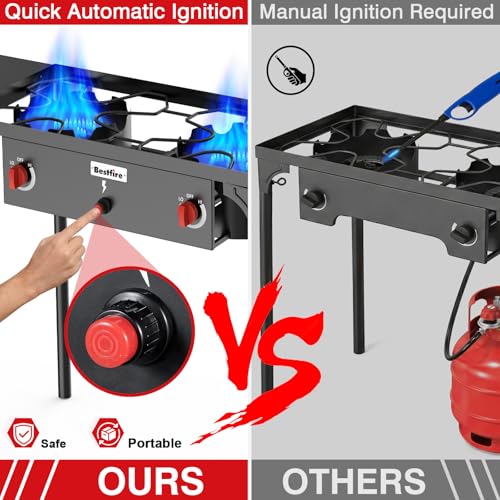 Bestfire 2 burner Camping Stove with Auto Ignition Button,Side Shelves & Regulator150,000 BTU High Pressure Gas Stove Propane Burner With Removable Legs for Outdoor BBQ&Backyard Cooking Camping Home - style: 2 burner without windpanel