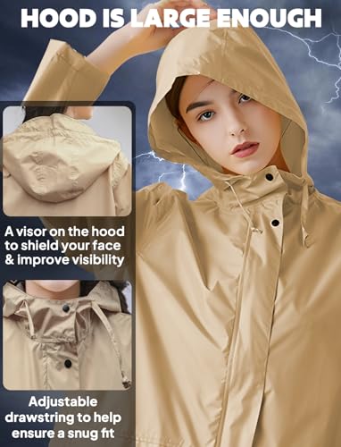 ANYOO Waterproof Rain Poncho Lightweight Reusable Hiking Hooded Coat Jacket for Outdoor Activities - color: Khaki
