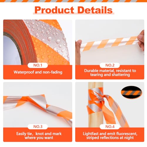 Pushglossy 12 Rolls 1" x 1800' Orange Flagging Tape with Silver Stripe | Non Adhesive, Reflective, Plastic Survey Ribbon Surveyor Caution Trail Marking Tape for Tree Mark Hunting Hiking Construction - size: 1"x 150'
