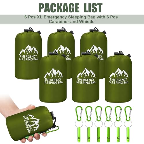 Oudain 6 Pcs XL Emergency Sleeping Bag Waterproof Bivy Sack Whistle - color: Green