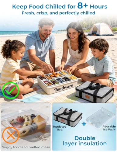 Chilled Snackle Box Container with Ice Pack, Divided Tray with Clear Lid & Bag, 8+Hrs Cooling, Beach Road Trip Essential for Family, Travel Snack Container for Picnic Camping Tailgate, Gifts for Women - color: Transparent & Cream