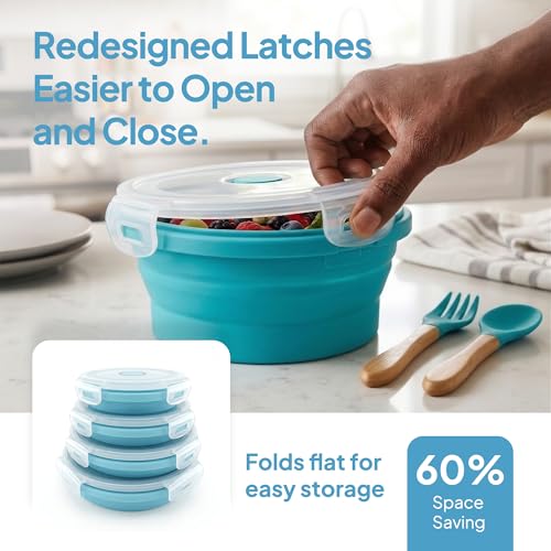 Collapsible Silicone Food Storage Containers with Lids, Set of 4 Sizes (12/17/27/40oz), Leakproof Collapsible Lunch Box, Microwave Freezer Dishwasher Safe, Space Saving for Camping RV Travel