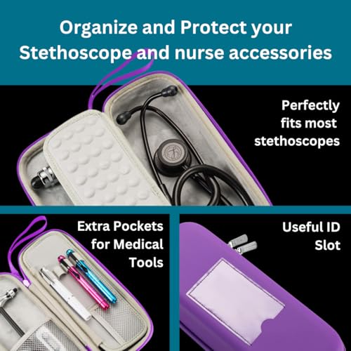 Hard Stethoscope Case for 3M Littmann Classic III, Lightweight II S.E, Cardiology IV Diagnostic, MDF Acoustica - ID Slot, Mesh Pocket for Nurse Accessories and Medical Supplies (Purple - Pu Leather) - color: Purple - Pu Leather
