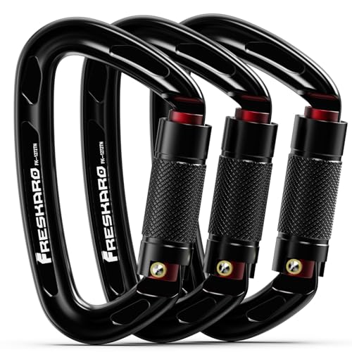 FresKaro UIAA Certified 25KN Auto Locking Climbing Carabiner Clips, Twist Lock, and Heavy Duty Carabiners for Rock Climbing, Rappelling, and Mountaineering, D Shaped - color: 3PCS-25KNA
