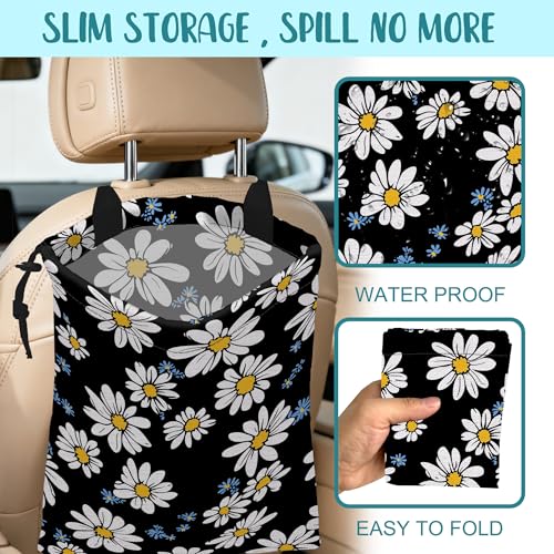 Car Trash Bag White Daisies Blue Flowers Leak-Proof Car Garbage Bag with Drawstring Foldable Canvas Trash Bin with Adjustable Buckle for Car Accessories, Travelling, Camping - color: White Daisies Blue Flowers