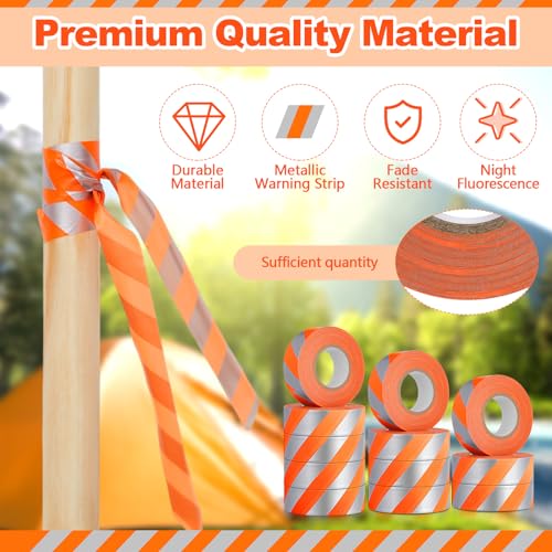 Pushglossy 12 Rolls 1" x 1800' Orange Flagging Tape with Silver Stripe | Non Adhesive, Reflective, Plastic Survey Ribbon Surveyor Caution Trail Marking Tape for Tree Mark Hunting Hiking Construction - size: 1"x 150'