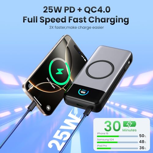 Wireless Portable Charger 40,800mAh with Built-in Cables,15W Wireless Charging 25W PD QC4.0 Fast Charging USB-C Power Bank,Travel Essentials External Battery Pack for iPhone 17/16/15/14,Galaxy,Android - color: Black
