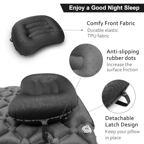 Inflatable Camping Pillow, Travel Blow Up Air Pillow, Neck Lumbar Support Ultralight Compact Pillow for Outdoor Hiking Backpacking Car Beach Airplane Sleeping Essentials, Black - color: Black