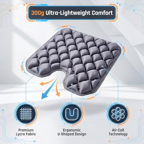 Inflatable Seat Cushion for Long Sitting, 54 High-Low Air Cell Travel Seat Cushion for Airplane, Office Chair, Car & Wheelchair, Adjustable Firmness Pressure Relief Seat Pad, 16.5" x 15.8" - color: Grey