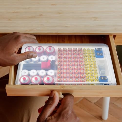 Battery Organizer Storage Case with Tester Checker. Batteries Holder Box Container for 120+ AA AAA 9V C D Lithium CR2025 CR1632 CR2032 Coin Cell Battery with Wall-Mounted Design -Transparency - color: White