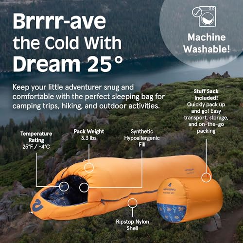 Retrospec Dream 25 Kids Sleeping Bag for Camping - Mummy Style, Water-Resistant, Lightweight 3lbs 3oz, Adjustable Length, Draft Collar, 25°F Rating - color: Day Dreamer