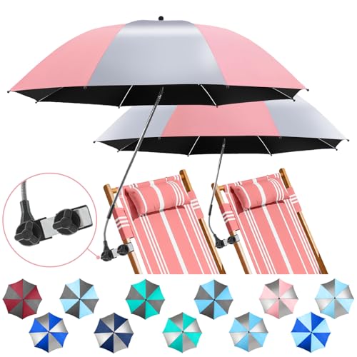 2 Pack Beach Umbrella with 360 Universal Clamp, UPF50+ Umbrella Outdoor Patio Sun Protection for Chairs, Beach &Patio Use (Not Include Chair) - color: Pink/Silvery