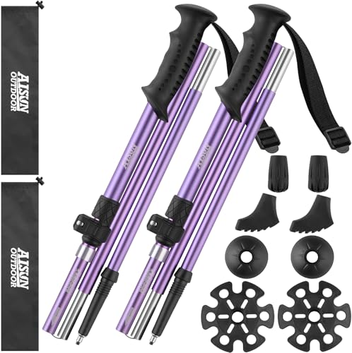 AISUNOURDOOR Lightweight Adjustable Trekking Poles, Aluminum Collapsible Travel Hiking or Walking Sticks for Women Children, with One Disposable Raincoat - color: purple