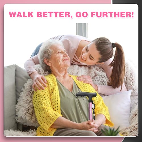 BigAlex Folding Walking Cane with LED Light,Pivoting Quad Base,Adjustable Walking Stick with Carrying Bag for Men/Women - color: Pink(4'9"-5'6")