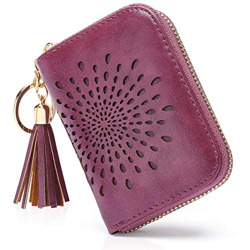 APHISON RFID Credit Card Holder Zipper Card Case Keychain Small Wallet for Women 1927 PURPLISH-RED - color: 0-PURPLISH-RED(single zip)