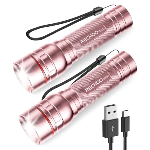 Rechargeable Flashlights High Lumens, G1000 Super Bright Flash Light 2 Pack, Small Zoomable LED Flashlight with 3 Lighting Modes, Portable Flashlights for Camping Essentials, Gift for Women (Pink) - color: Rose Pink, size: 2 Pack