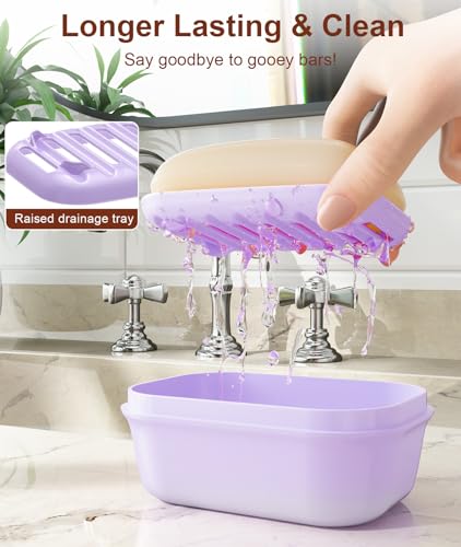 Quatish Leakproof Soap Dish with Lid & Draining Layer, Shatterproof Travel Bar Soap Holder Case Container, Portable Travel Size Toiletries Essentials for Camping, Gym, Bathroom, Purple - color: Purple, size: Medium