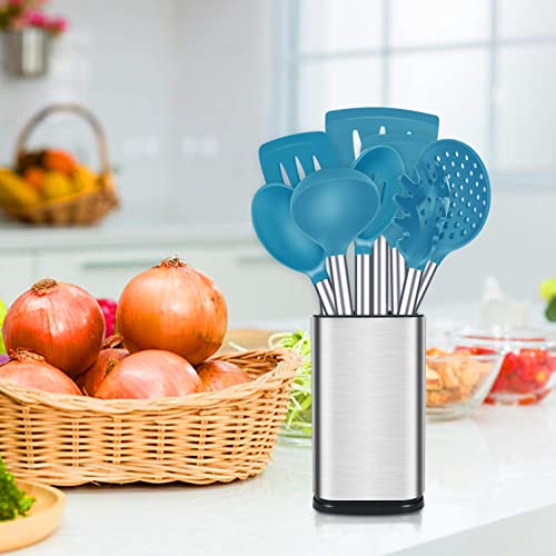 Silicone Cooking Utensils Set, 8 Pcs Kitchen Utensils with Holder, Blue | BPA Free and Heat Resistant, Kitchen Tools for Non Stick Cookware include Spatulas, Turners, Spoons, Skimmer and Pasta Fork - color: Blue
